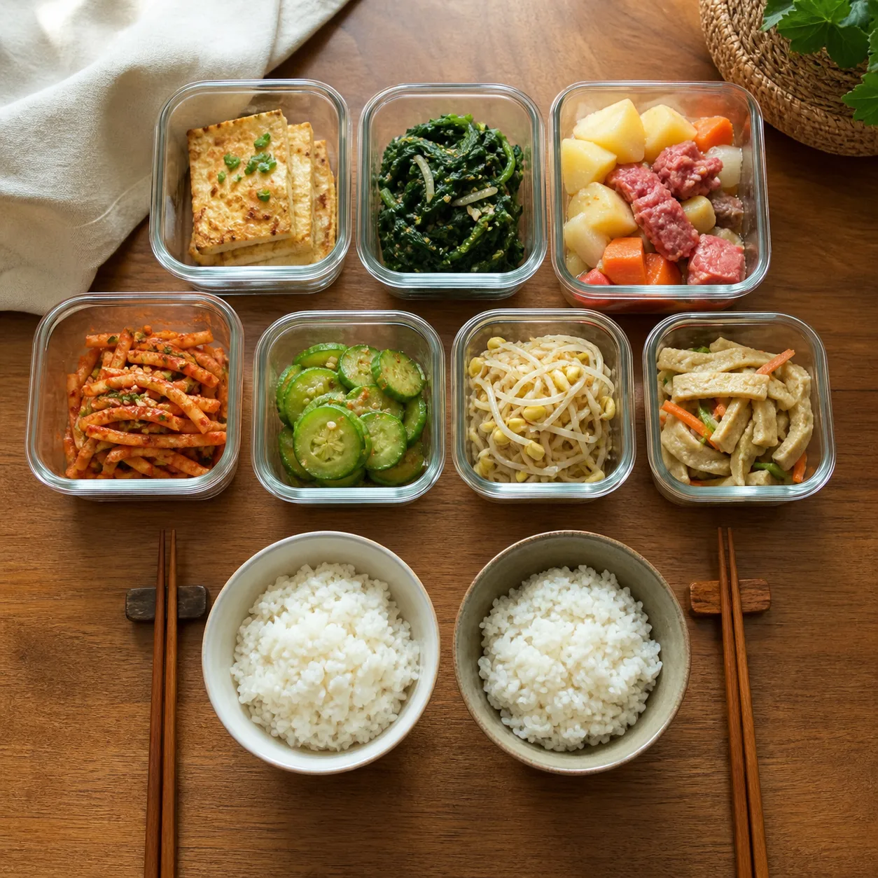 두 사람이 먹을 소량의 일주일 반찬을 나누어 준비한 모습